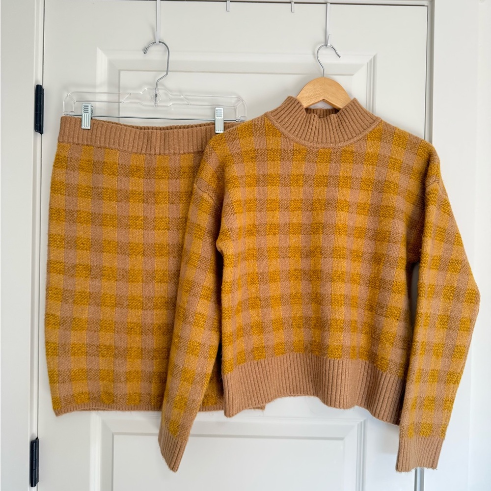 Hem & Thread Mustard and Beige Plaid Turtleneck Sweater and skirt set